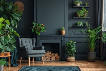 dark grey living room interior with fresh plants, decor, retro armchair and eco fireplace