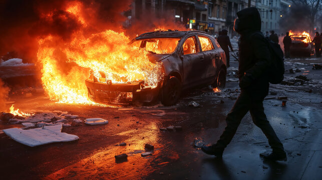 Urban chaos with multiple vehicles ablaze in street riot. Vivid flames and smoke set against dimming light create striking visual impact. Ideal for content related to civil unrest or conflict.