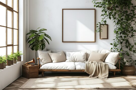 Design sofa, tropical plant, pillows, blanket, gramophone, and mock up picture frames are all featured in this stylish Scandinavian white room. Modern living area with white walls and brown oak parque