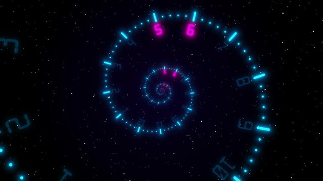 Concept of space of time in the universe, spiral clock with galaxy star background. Time Spiral. The composition of the space of time, the flight in space in a spiral of digital clock timer.