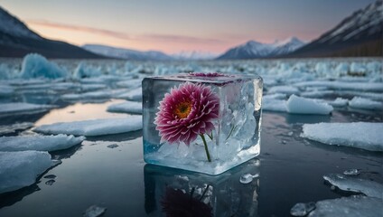 In a stunningly frozen arrangement, a bouquet of vibrant flowers trapped within a colossal ice cube captivates the eye.