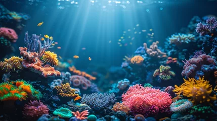 Keuken spatwand met foto colorful sea coral reef claymation, penetration light, text copy space © growth.ai