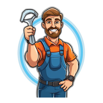 Cartoon mechanic holding a huge wrench. 