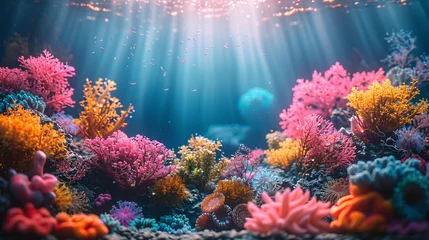 Foto auf Alu-Dibond colorful sea coral reef claymation, penetration light, text copy space © growth.ai