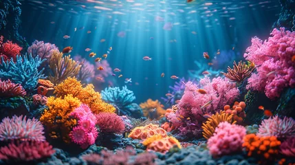 Foto auf Glas colorful sea coral reef claymation, penetration light, text copy space © growth.ai