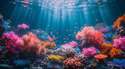 Gordijnen colorful sea coral reef claymation, penetration light, text copy space © growth.ai