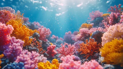 Fototapeta na wymiar colorful sea coral reef claymation, penetration light, text copy space
