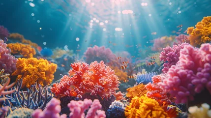 Foto auf Alu-Dibond colorful sea coral reef claymation, penetration light, text copy space © growth.ai