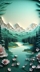 Spring scenery in three-dimensional papercut relief style
