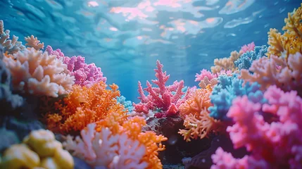 Fotobehang colorful sea coral reef claymation, penetration light, text copy space © growth.ai