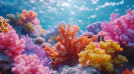 Badkamer foto achterwand colorful sea coral reef claymation, penetration light, text copy space © growth.ai