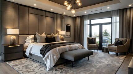 Modern style large bedroom featuring a statement lighting fixture above the bed and a seating area with a loveseat and accent chairs