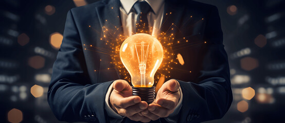 Illustration of innovative thinking with light bulb, Creative business brainstorming and idea for innovative projects, creativity and intelligence, Innovation concept, Eureka moment - obrazy, fototapety, plakaty