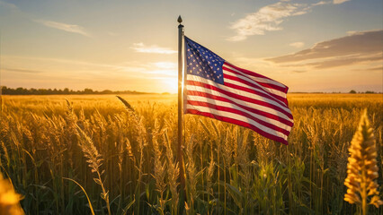 American flag on wheat field at sunset. USA Independence Day concept