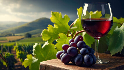 Wine glass and grapes on vineyard