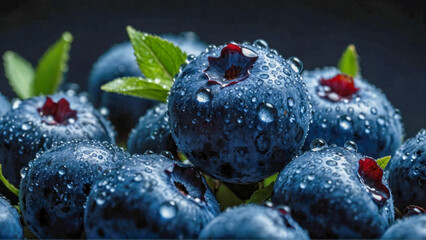 Fresh blueberries with water drops on a black background. Close-up - obrazy, fototapety, plakaty