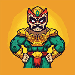 Cartoon mexican wrestler standing with crossed a
