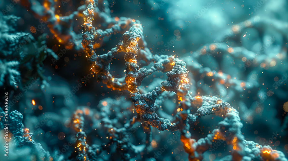 Poster abstract technology dna with rain drops. macro. futuristic background with glowing particles