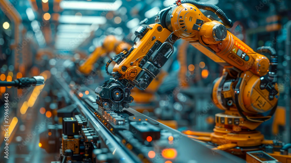 Poster robotic arms working on assembly line in factory. concept of artificial intelligence for industrial 