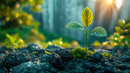 Green sprout growing in the ground with cityscape background, selective focus - obrazy, fototapety, plakaty