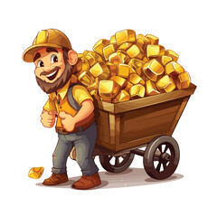 Cartoon miner with a wheelbarrow full of gold. 