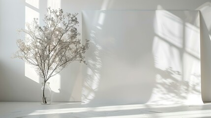 Minimalist white room with a delicate tree. peaceful, serene interior design. ideal for modern decor and simplicity. calm, airy space concept. AI