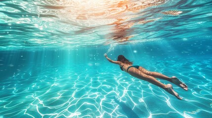 Sensazione di libertà e leggerezza mentre un ragazza nuota nella acque di un mare cristallino - obrazy, fototapety, plakaty