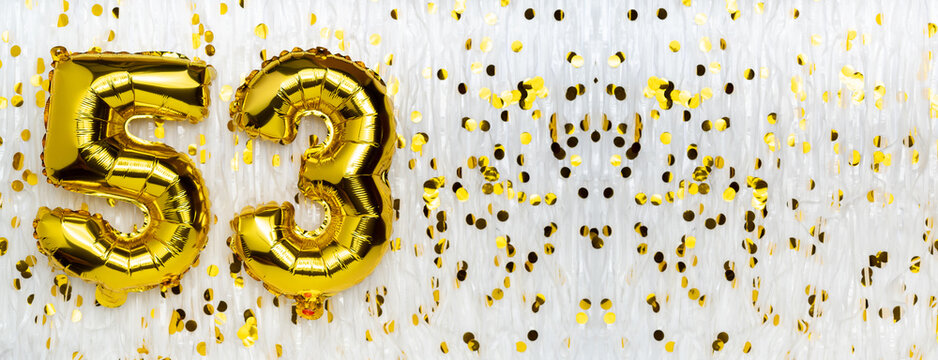Golden foil balloon number, figure fifty-three on white with confetti background. 53th birthday card. Anniversary concept. birthday, new year celebration. banner