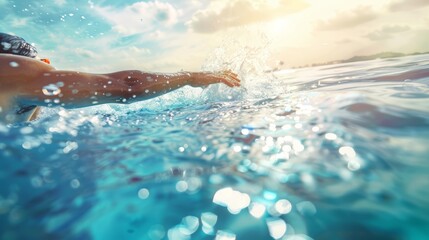 Nuotatore esegue una bracciata perfetta sotto la luce del sole - obrazy, fototapety, plakaty
