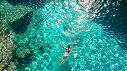 sensazione di libertà e leggerezza mentre un ragazza nuota nella acque di un mare cristallino - obrazy, fototapety, plakaty
