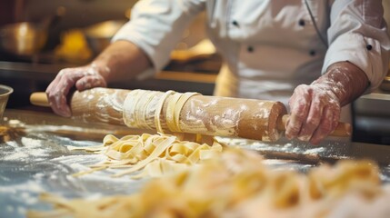 chef stende le sfoglie di pasta fresca con il mattarello

