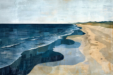 Abstract textured seascapes with sun, clouds, and coastal scenes. Illustration for interior design