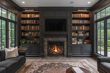 front view of a gas fireplace with a tv on top, a built-in library on each side with led lightning. - obrazy, fototapety, plakaty