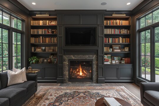 Fototapeta front view of a gas fireplace with a tv on top, a built-in library on each side with led lightning.