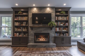 front view of a gas fireplace with a tv on top, a built-in library on each side with led lightning. - obrazy, fototapety, plakaty