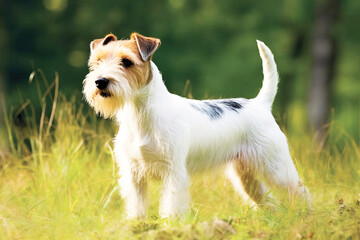 Purebred purebred beautiful dog breed Dandy Diamond Terrier, background nature.
