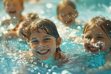 Gruppo di bambini felici che imparano a nuotare durante una lezione in piscina - 759659427