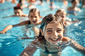 Gruppo di bambini felici che imparano a nuotare durante una lezione in piscina - obrazy, fototapety, plakaty