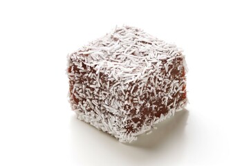 An Australian lamington on a white isolated background. 