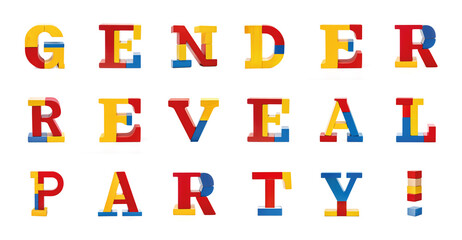 Gender Reveal Party in 3D colorful font from wooden toy blocks