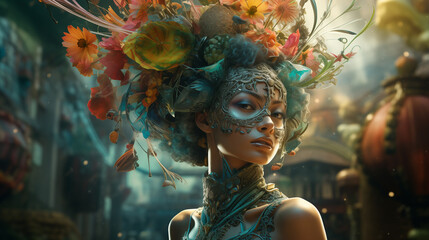 Beautiful bright fashion portrait of a young girl with flowers and plants in her hair. The face of a girl in a carnival mask with a stylish futuristic hairstyle against the backdrop of a lost city