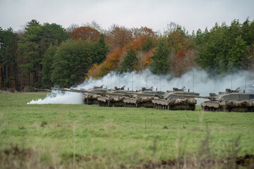 a squadron of British army FV4034 Challenger 2 ii main battle tanks preparing for a military...