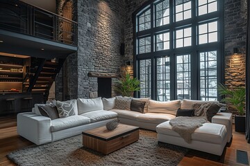 Interior of a living room, Penthouse Loft with dark stone walls with hardwood floors