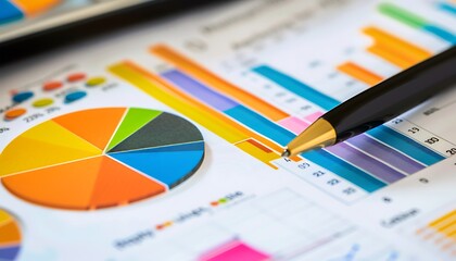 Close-up Examination of Vibrant Economic Data, Pen Highlighting Key Figures in Pie Charts and Bar Graphs