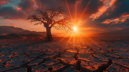 The land is dry and cracked. dead tree big sun The sun's rays are bright and burning. Generative Ai Illustration.