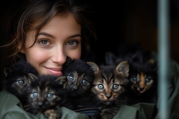 Joyful girl holding a cluster of black kittens, surrounded by cuteness and nurtured affection