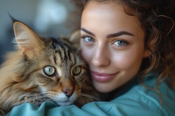 A curly-haired woman affectionately snuggling with her beautiful tabby cat, exuding warmth and companionship