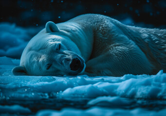 A peaceful polar bear sleeps on a floating iceberg