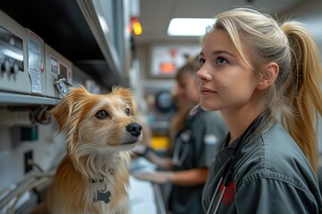 A young female veterinarian in uniform looking at an attentive dog in a clinic setting