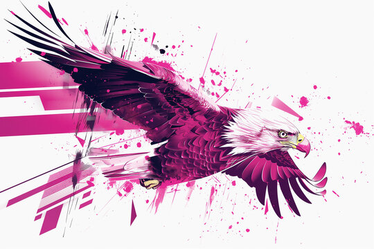 Vibrant geometric shapes encapsulate a stylized pink eagle mid-flight